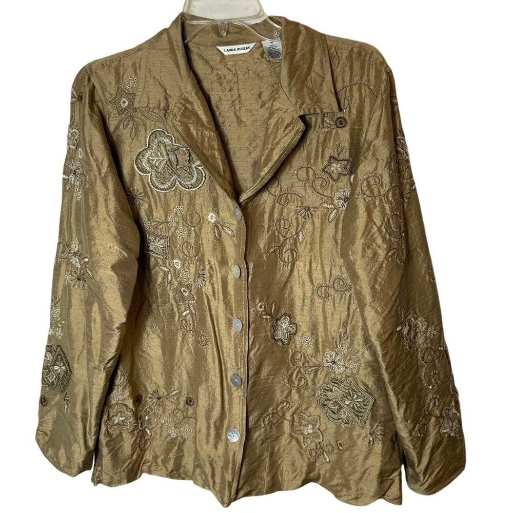 Vtg Artsy Laura Ashley 100% Silk Gold Heavily Embellished Floral Blazer Jacket M